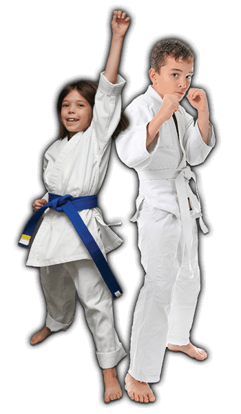 Martial Arts Lessons for Kids in Mundelein IL - Happy Blue Belt Girl and Focused Boy Banner